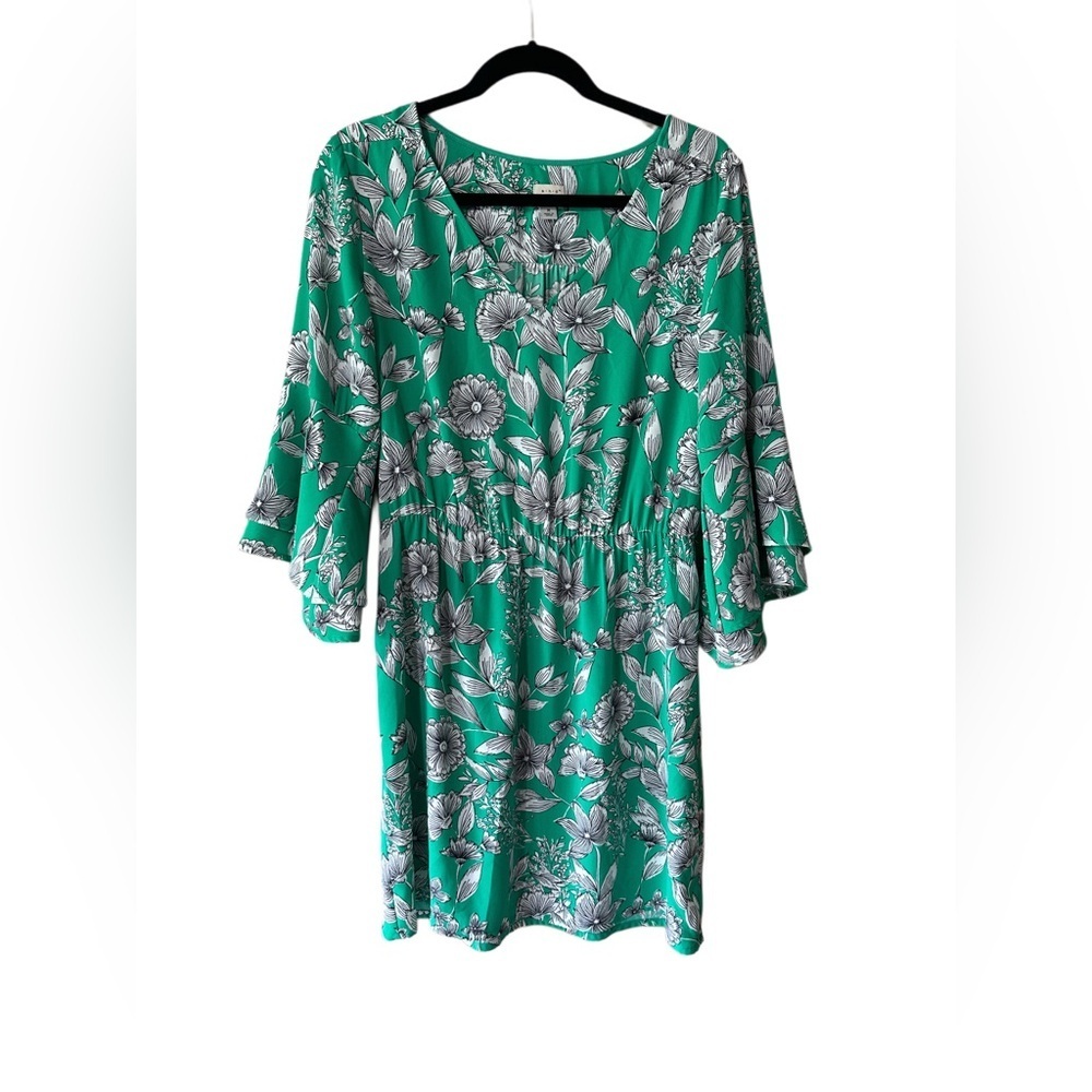 a new day Emerald and Charcoal Floral Long Bell Sleeve Dress